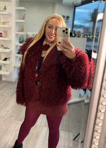 Burgundy Shaggy Faux Fur Jacket